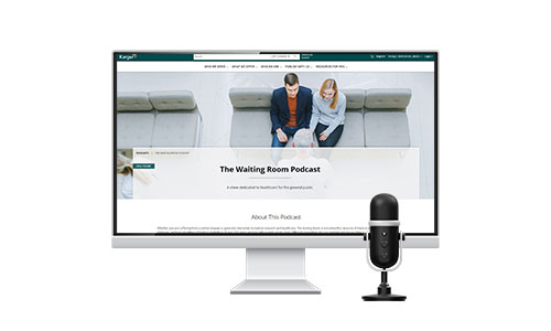 A monitor showing the Karger Podcasts website and a microphone